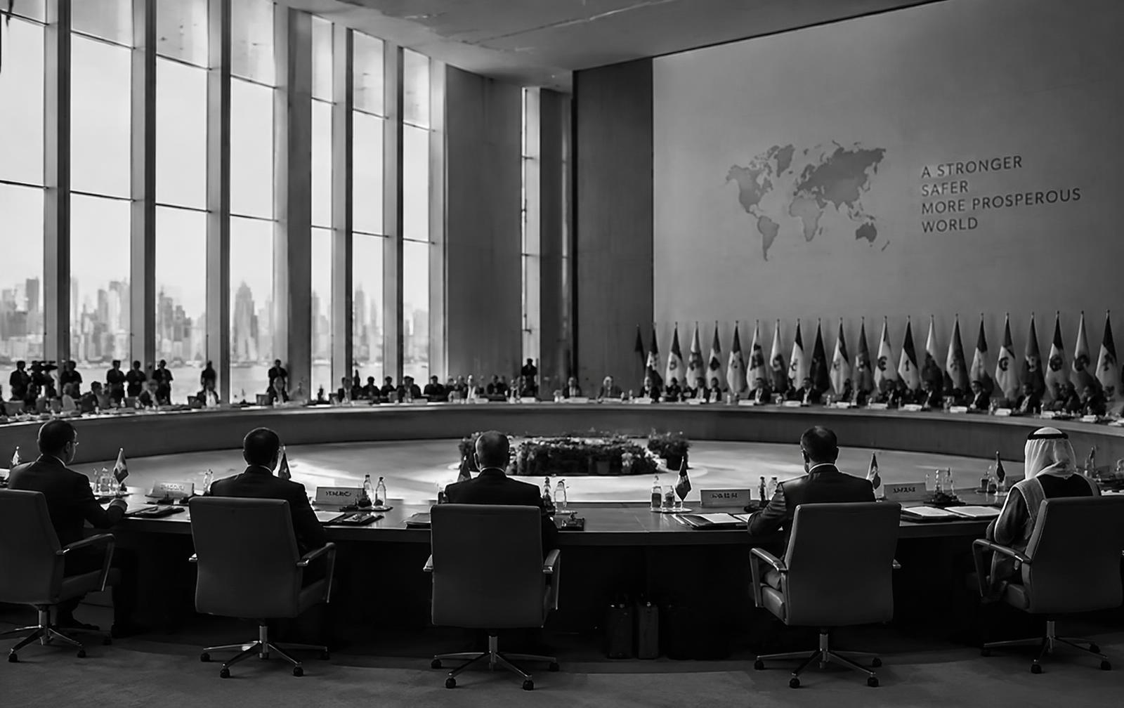 Delegations seated at an international summit table